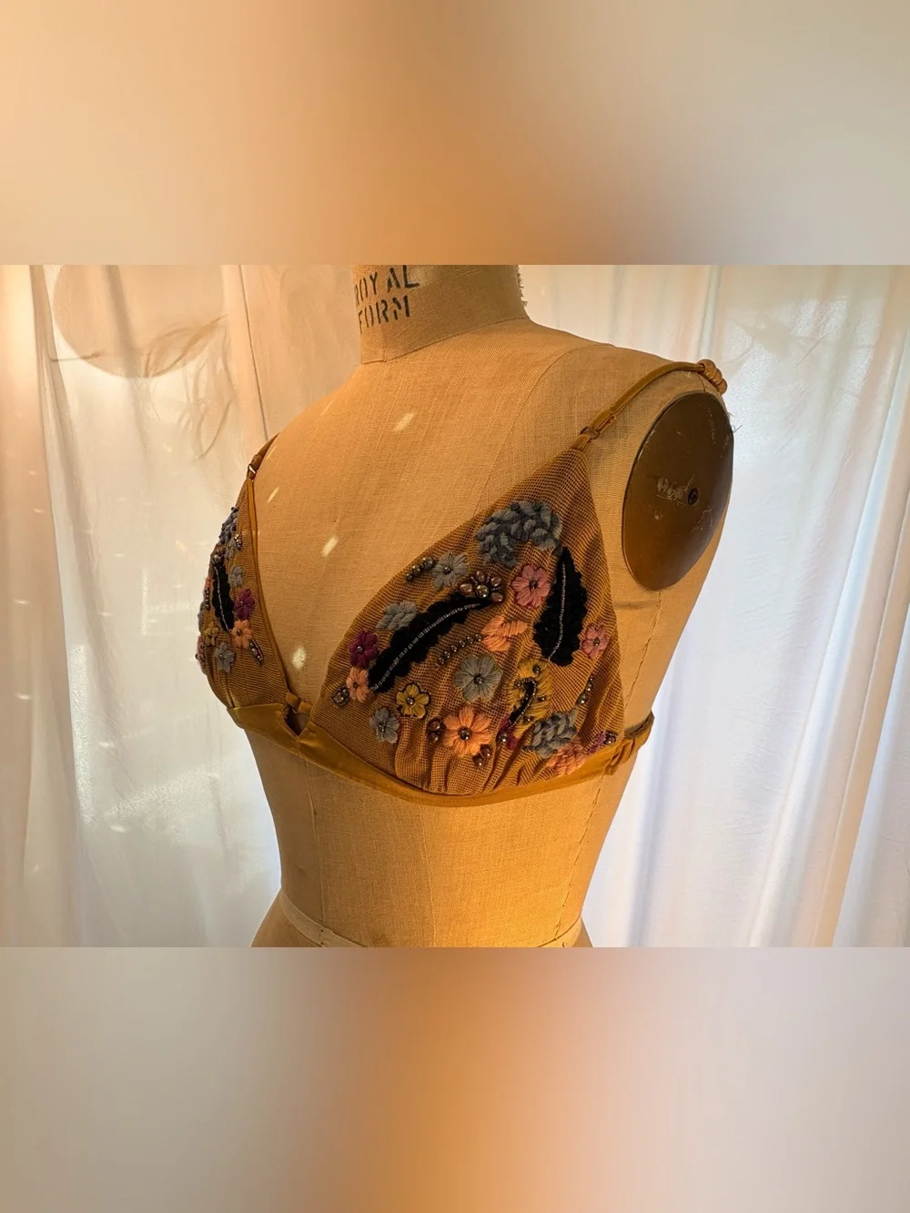 Intimately Free People Embroidered Beaded Floral Mesh Bralette Mustard Size L - Picture 1 of 8